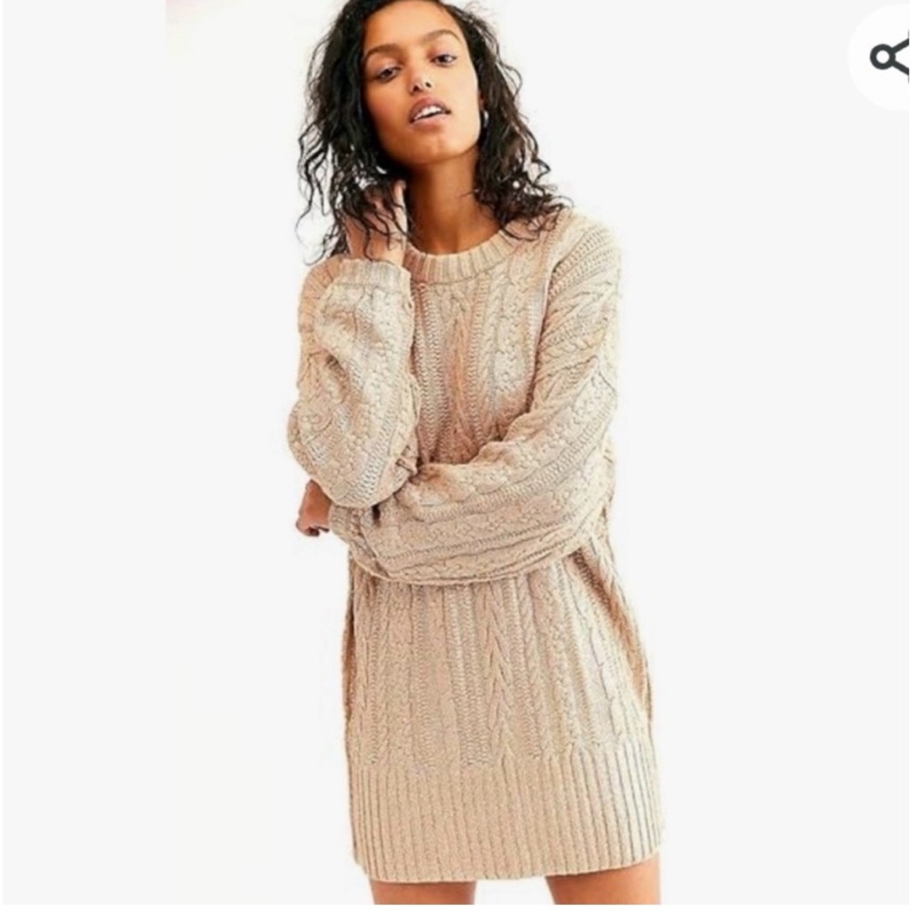 Free People Good as Gold Chunky Cable Knit metallic coated Sweater Dress “@&:/